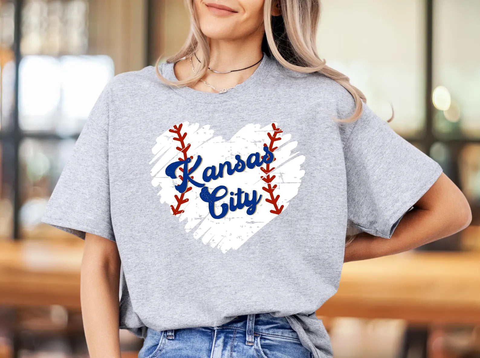 Kansas City Heart Baseball Stitches Heather Grey Tee