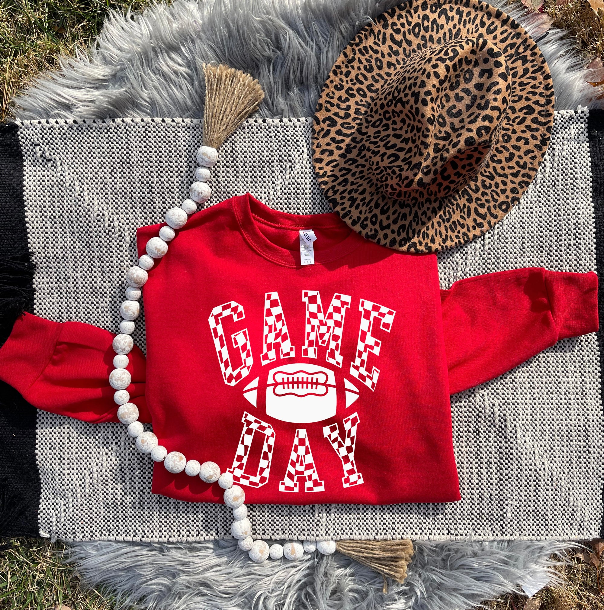 White Checkered Game Day Football Red Sweatshirt