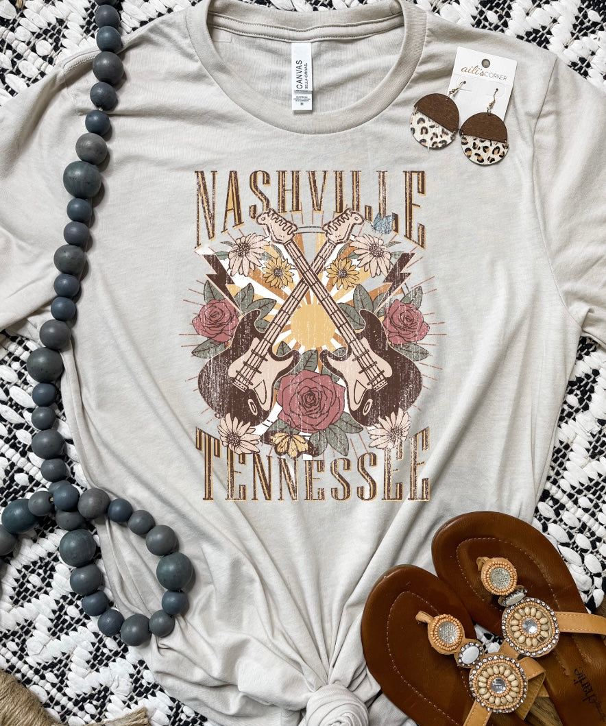 Nashville Tennessee Floral Guitar Heather Dust Tee