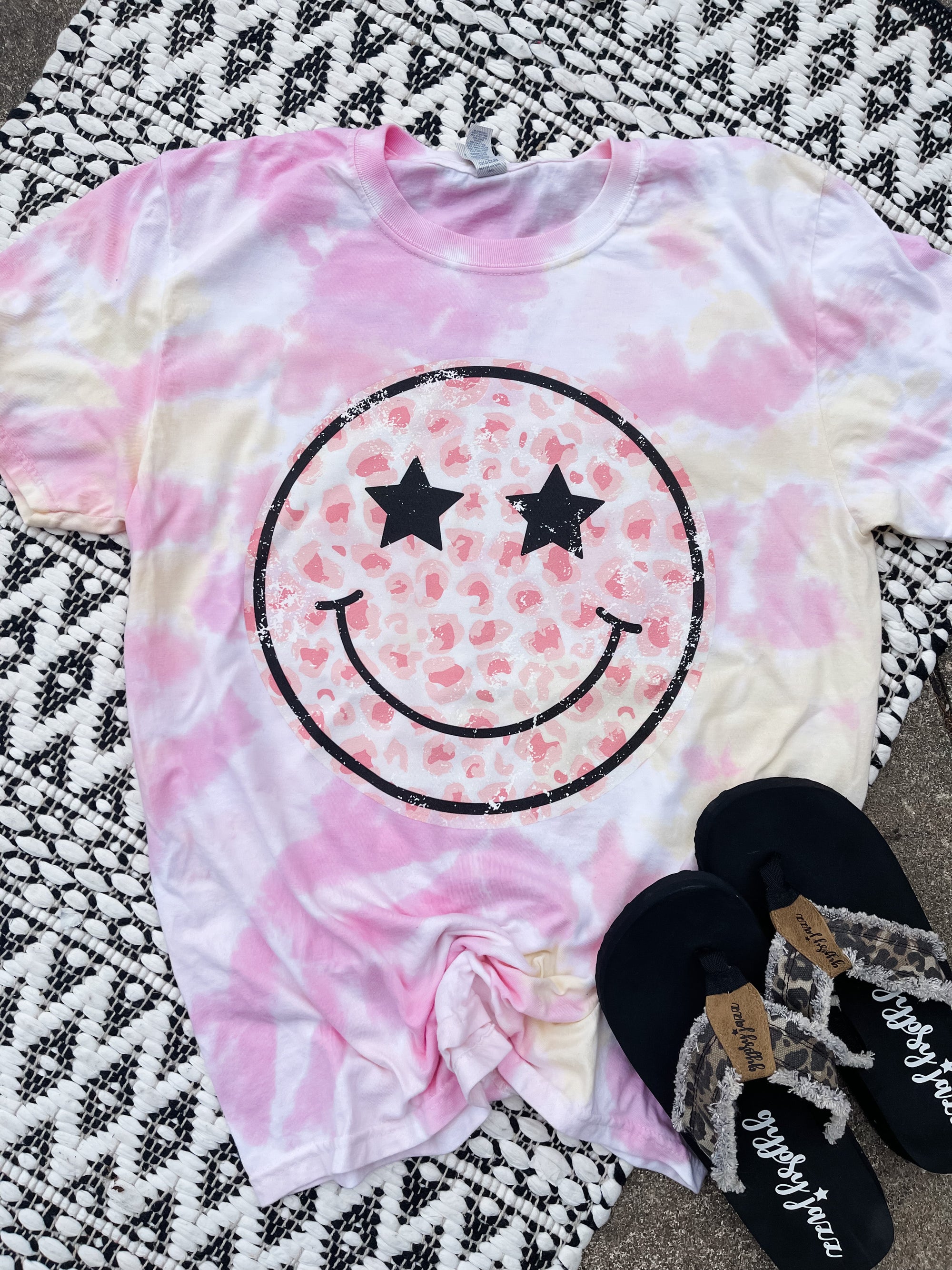 Pink Leopard Smiley Tie Dye Tee