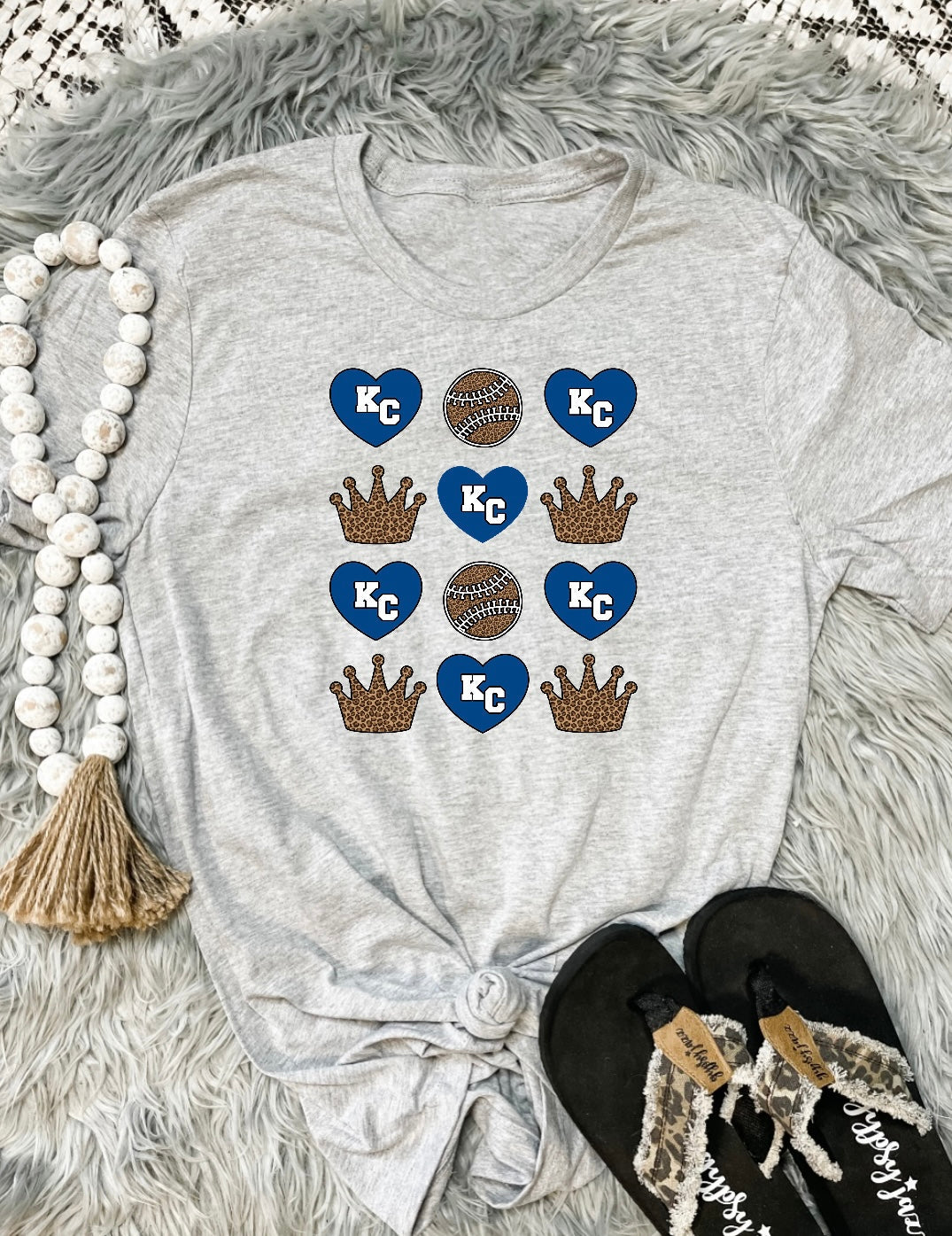 Navy KC Heart, Baseball & Crown Heather Grey Tee