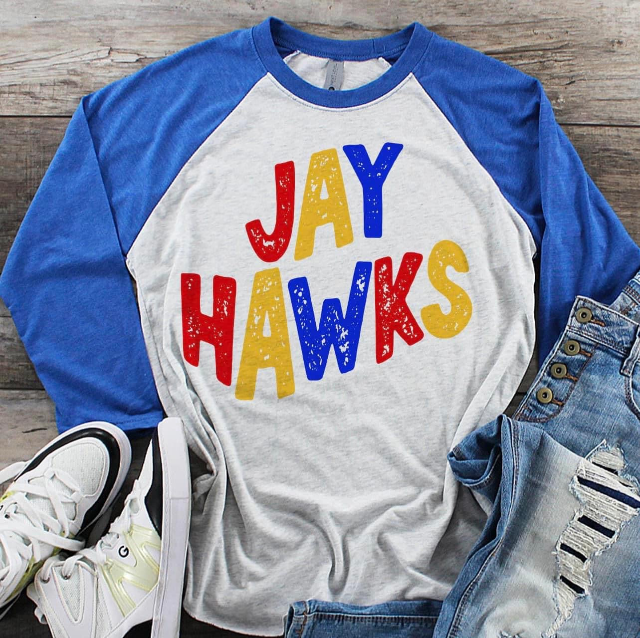 Colorful Jayhawks Blue Sleeve Raglan