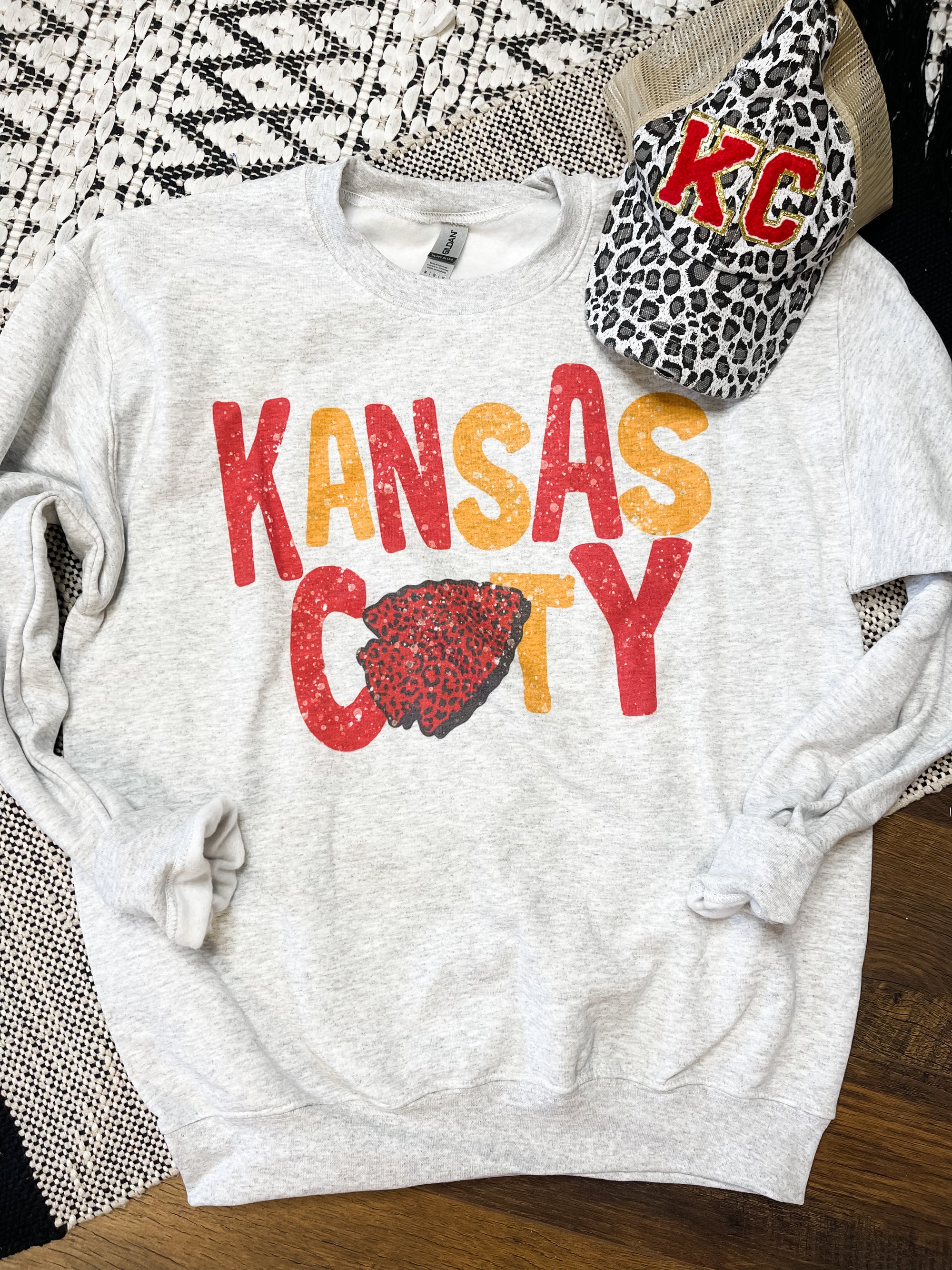 Distressed Kansas City Red Leopard Arrowhead Ash Sweatshirt