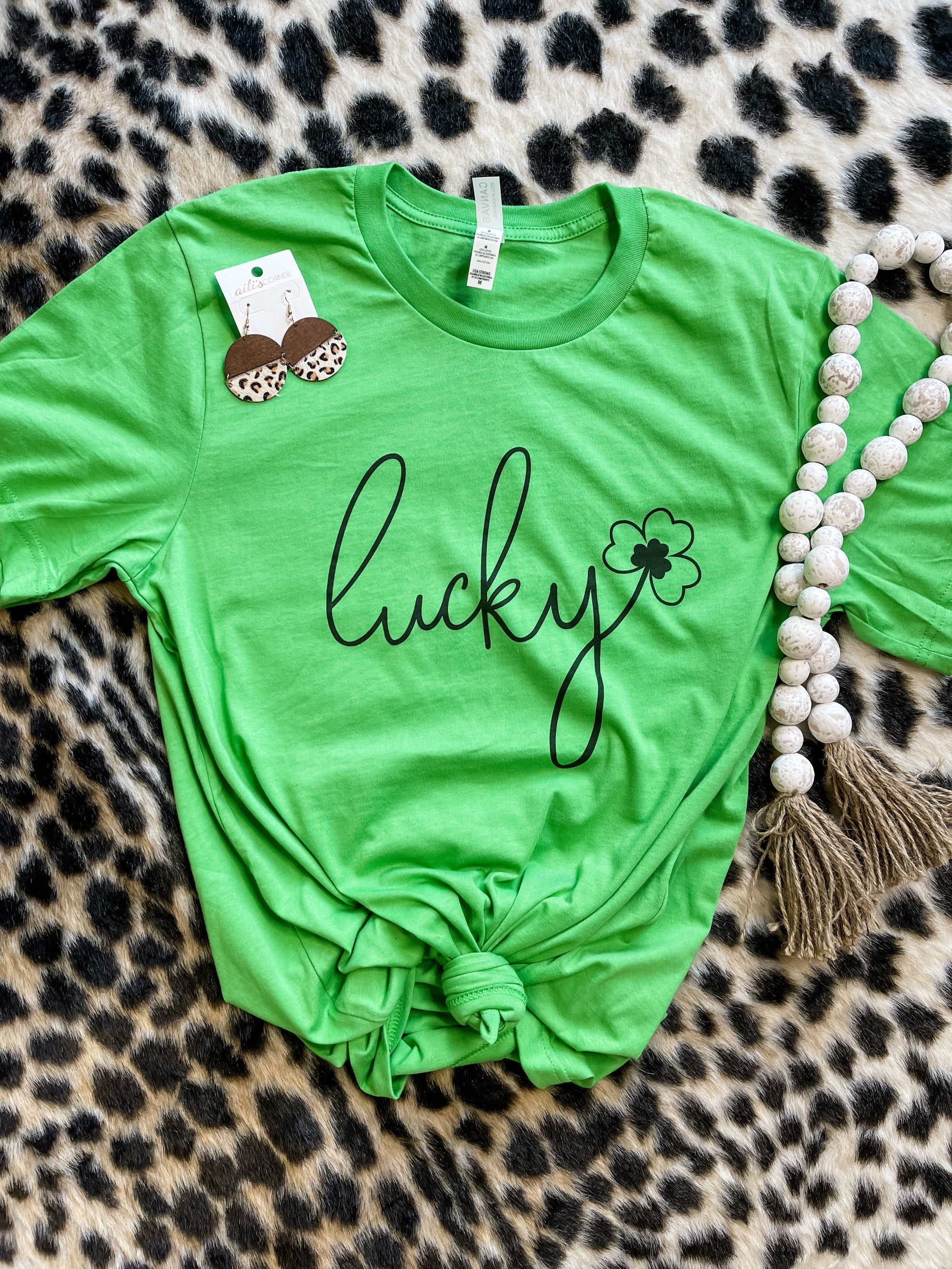 Black Lucky Shamrock Script Green Short Sleeve Tee