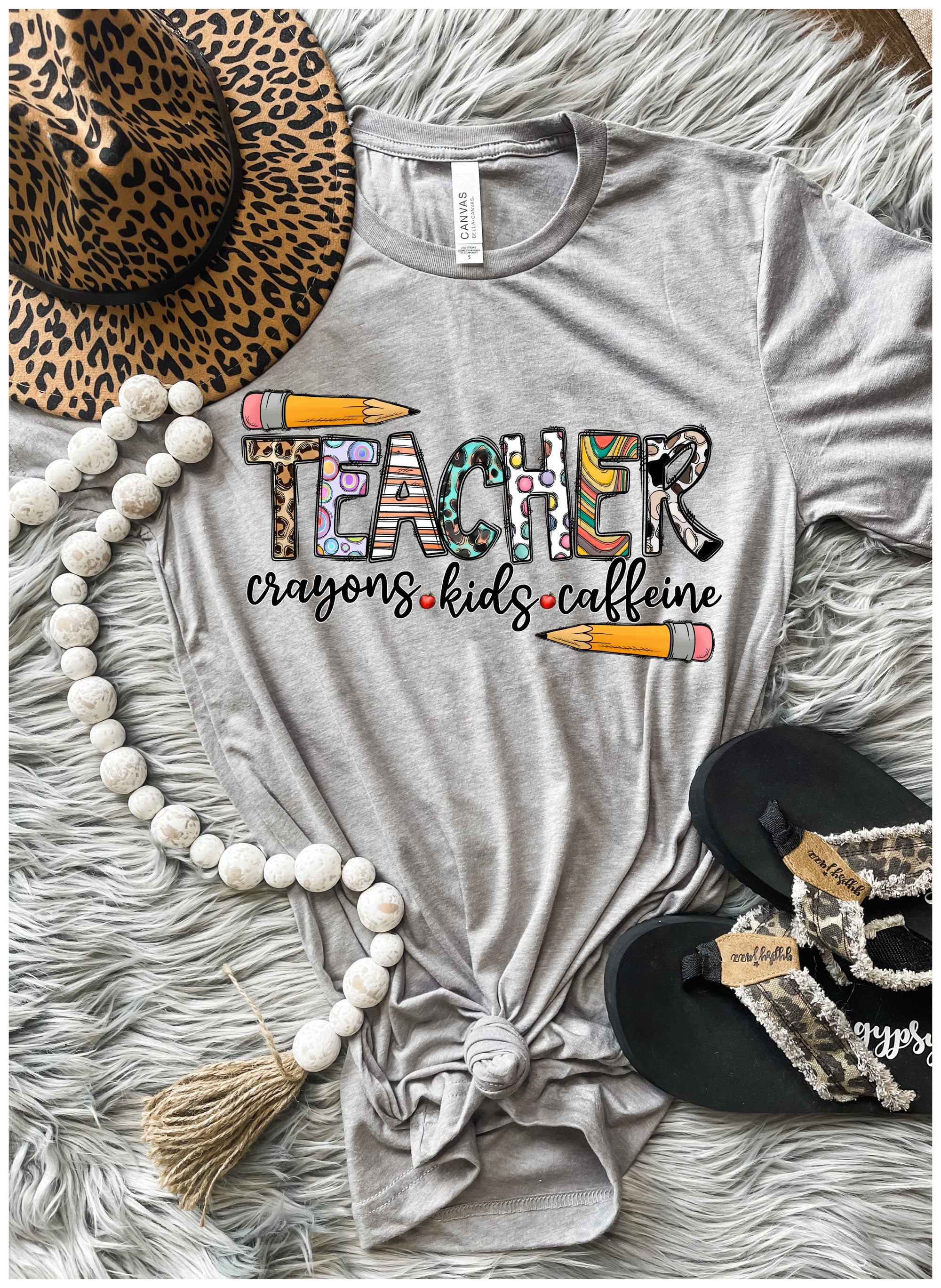 Teacher- Crayons, Kids, Caffeine Grey Tee