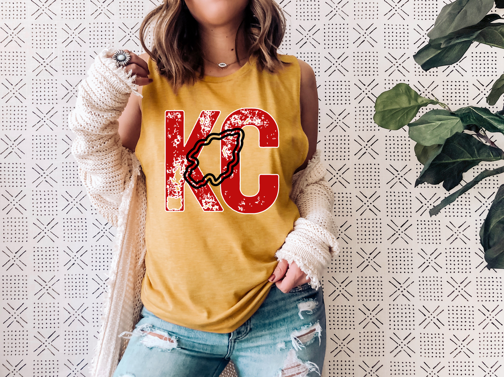 KC Distressed Retro Football Antique Gold Muscle Tank Top