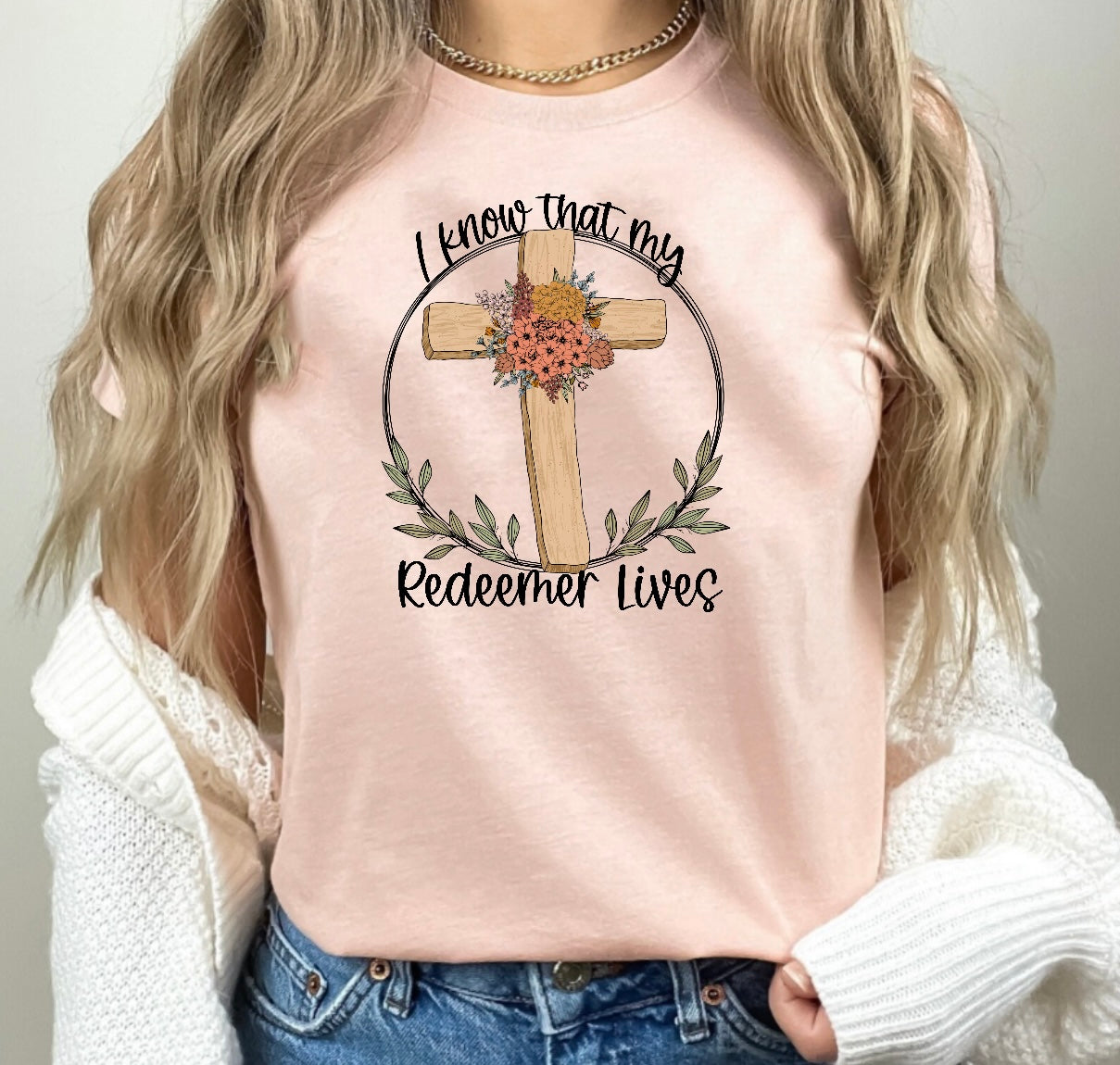 I Know My Redeemer Lives Peach Tee