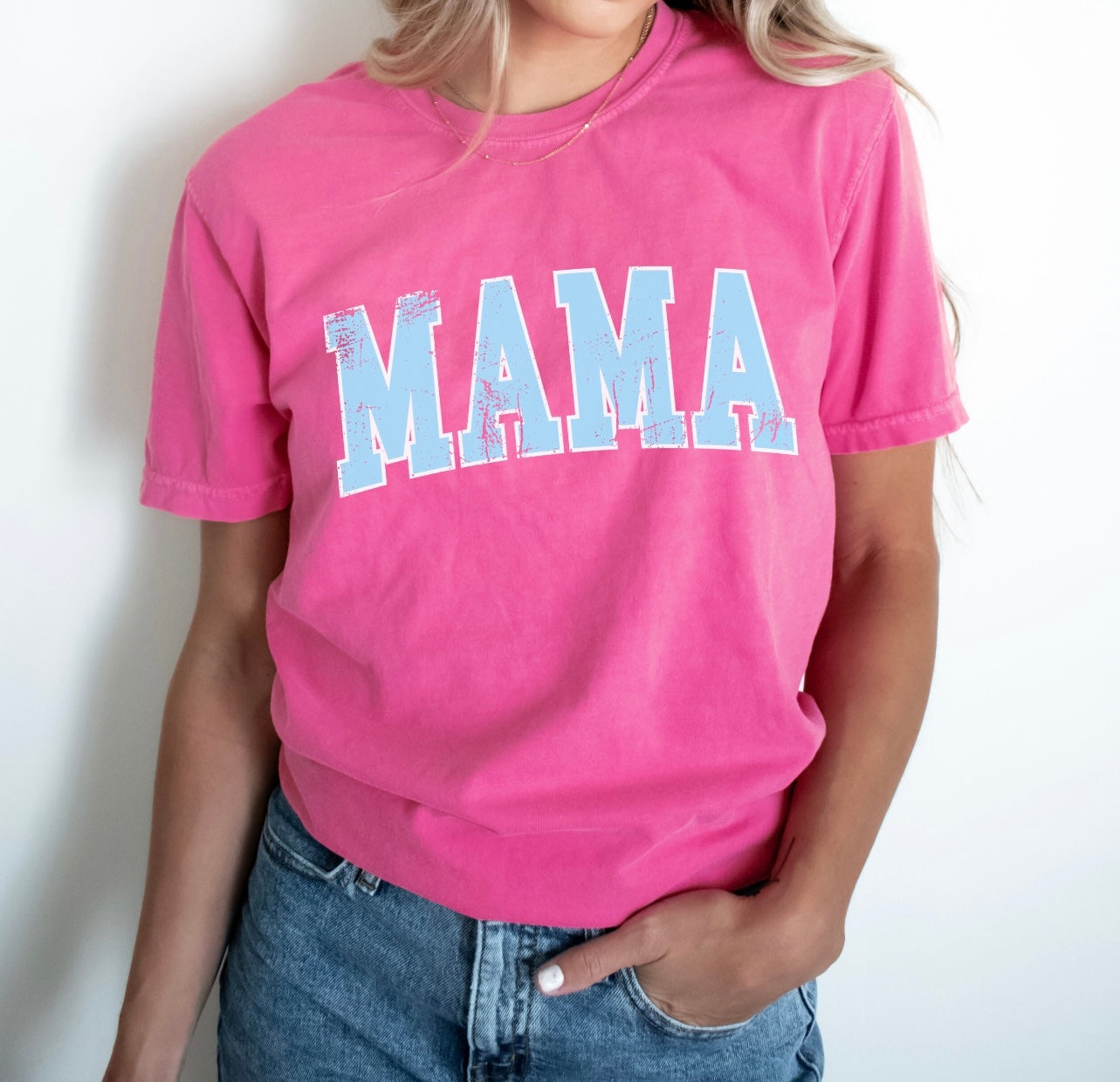 Blue Distressed Mama Pink Tee